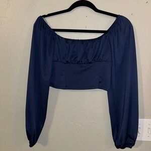 Live in the Moment baby blue long sleeve crop top with scoop neck